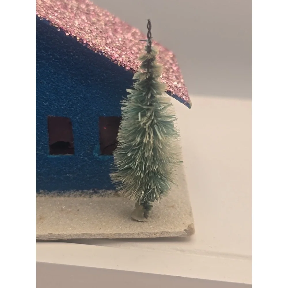 2 Vintage Christmas Putz‎ Houses Church Bottle Brush Tree Blue And Pink